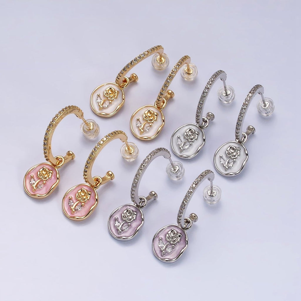 16K Gold plated Rose Flower Marquise White, Pink Enamel Drop Micro Paved C-Shaped Hoop Earrings in Gold & Silver | AD1012 - AD1015