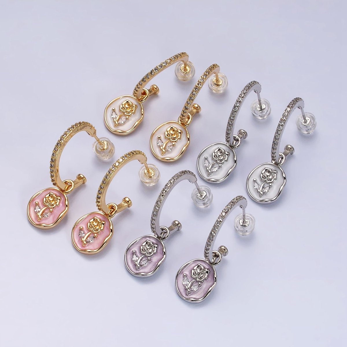 16K Gold plated Rose Flower Marquise White, Pink Enamel Drop Micro Paved C-Shaped Hoop Earrings in Gold & Silver | AD1012 - AD1015