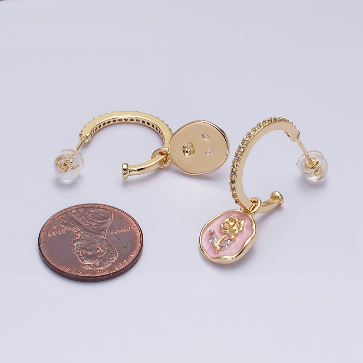 16K Gold plated Rose Flower Marquise White, Pink Enamel Drop Micro Paved C-Shaped Hoop Earrings in Gold & Silver | AD1012 - AD1015