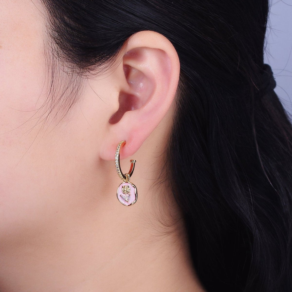 16K Gold plated Rose Flower Marquise White, Pink Enamel Drop Micro Paved C-Shaped Hoop Earrings in Gold & Silver | AD1012 - AD1015
