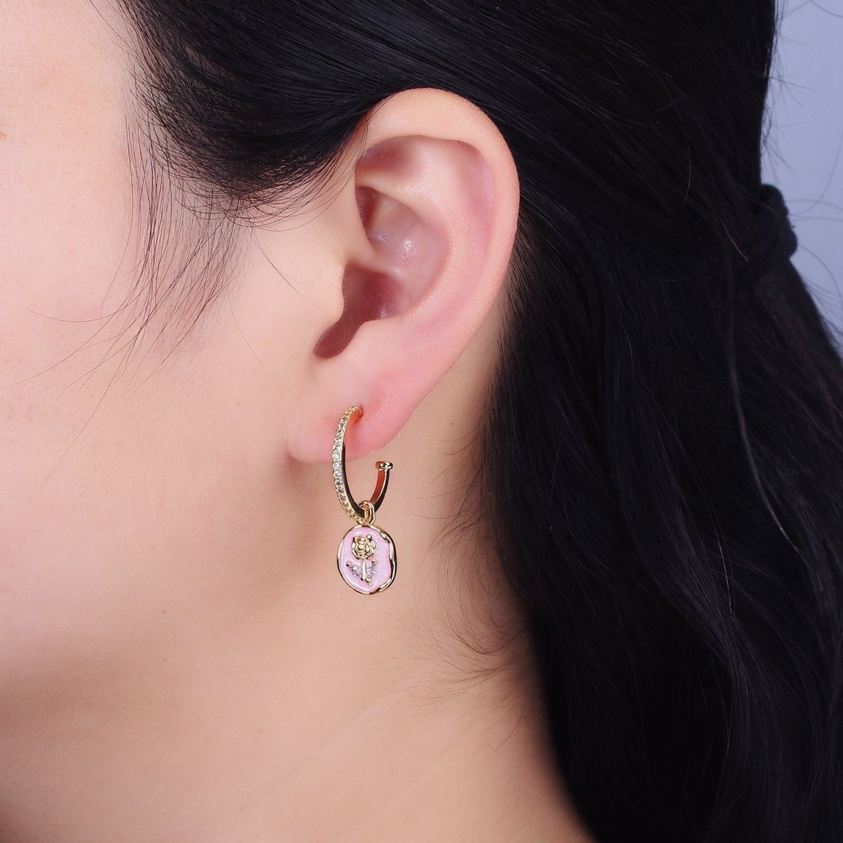 16K Gold plated Rose Flower Marquise White, Pink Enamel Drop Micro Paved C-Shaped Hoop Earrings in Gold & Silver | AD1012 - AD1015