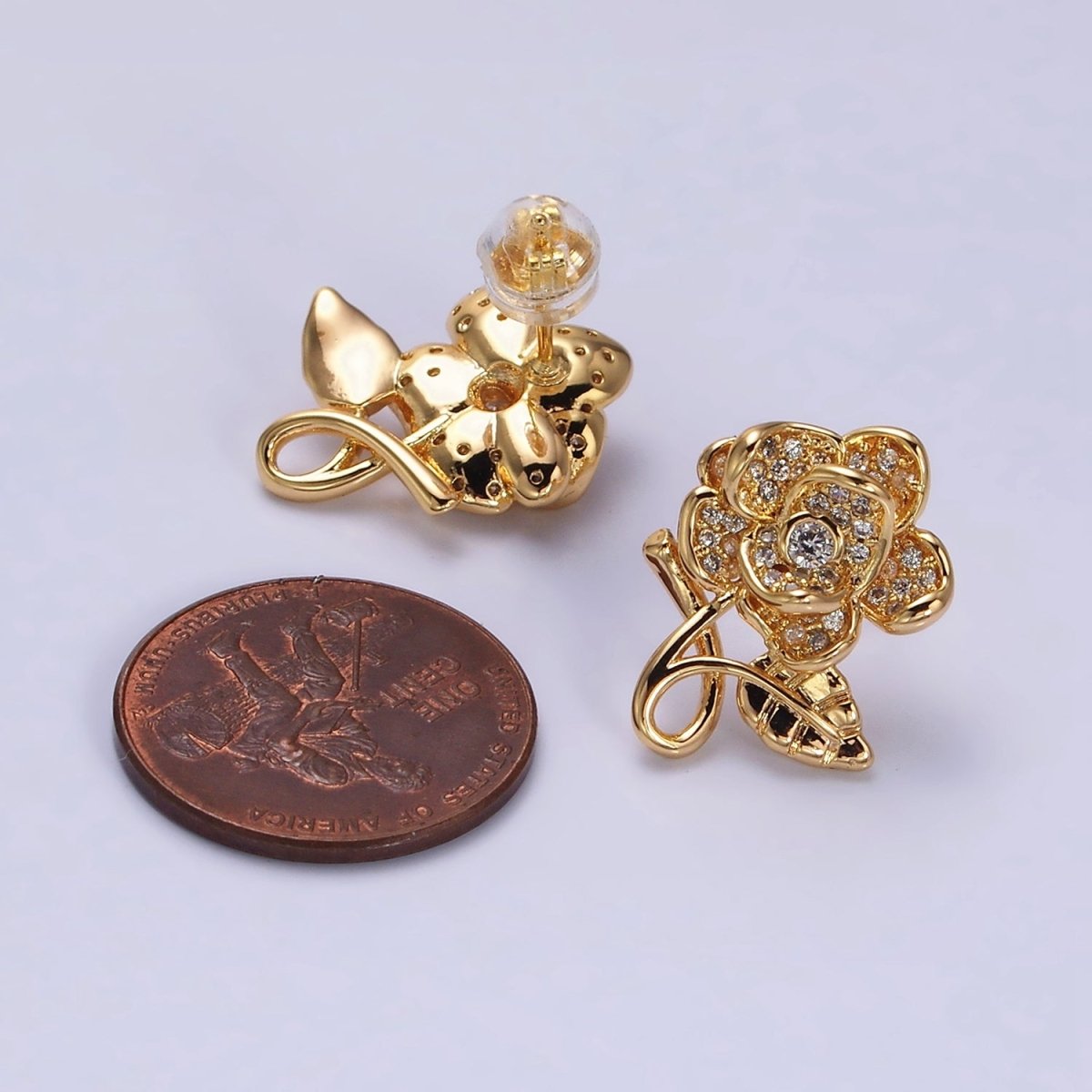 16K Gold plated Rose Flower Mature Micro Paved CZ Stud Earrings in Gold | AD1259