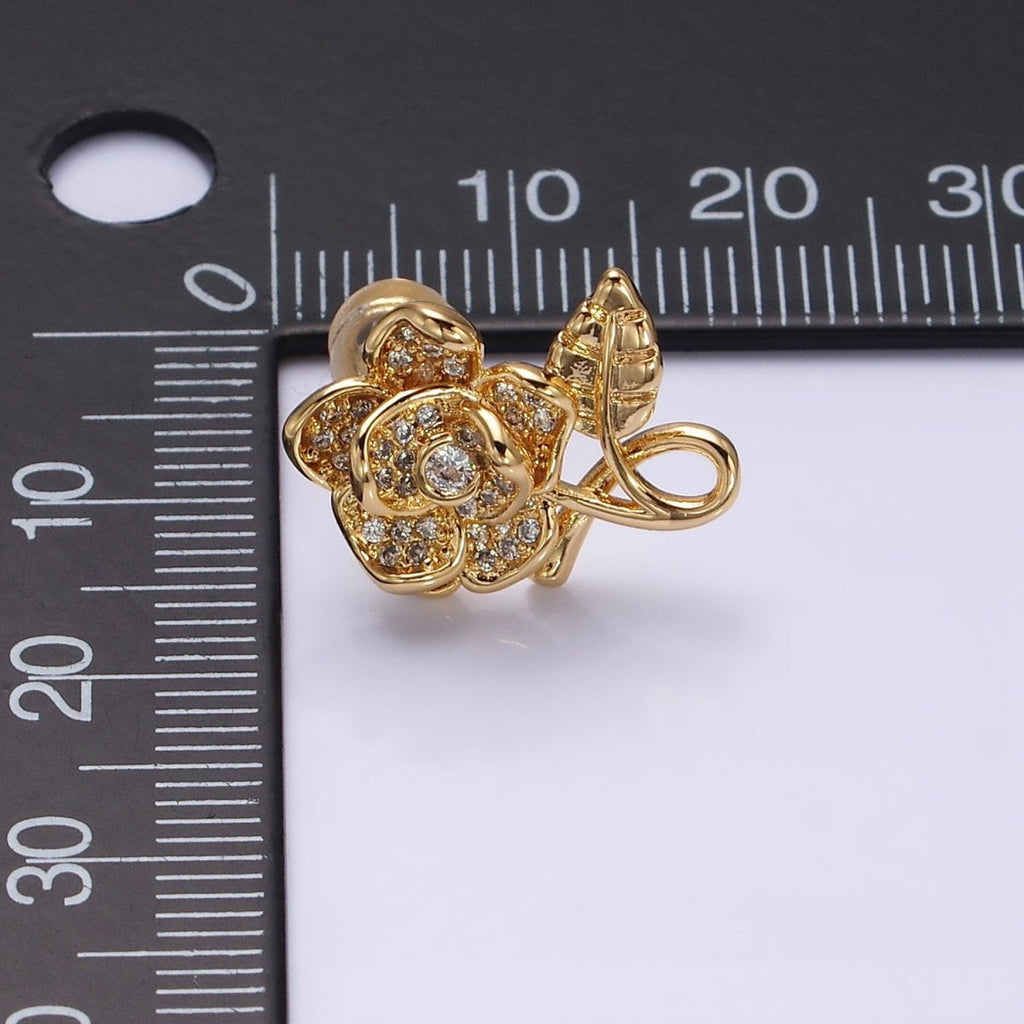 16K Gold plated Rose Flower Mature Micro Paved CZ Stud Earrings in Gold | AD1259