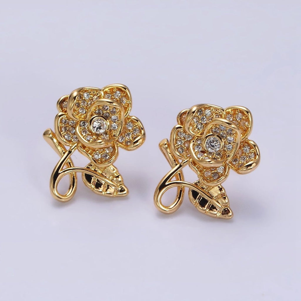 16K Gold plated Rose Flower Mature Micro Paved CZ Stud Earrings in Gold | AD1259