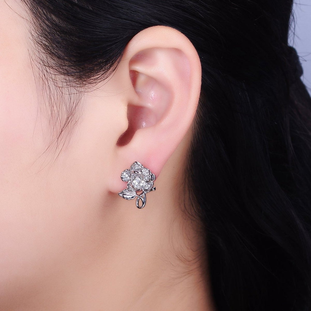 16K Gold plated Rose Flower Mature Micro Paved CZ Stud Earrings in Gold | AD1259