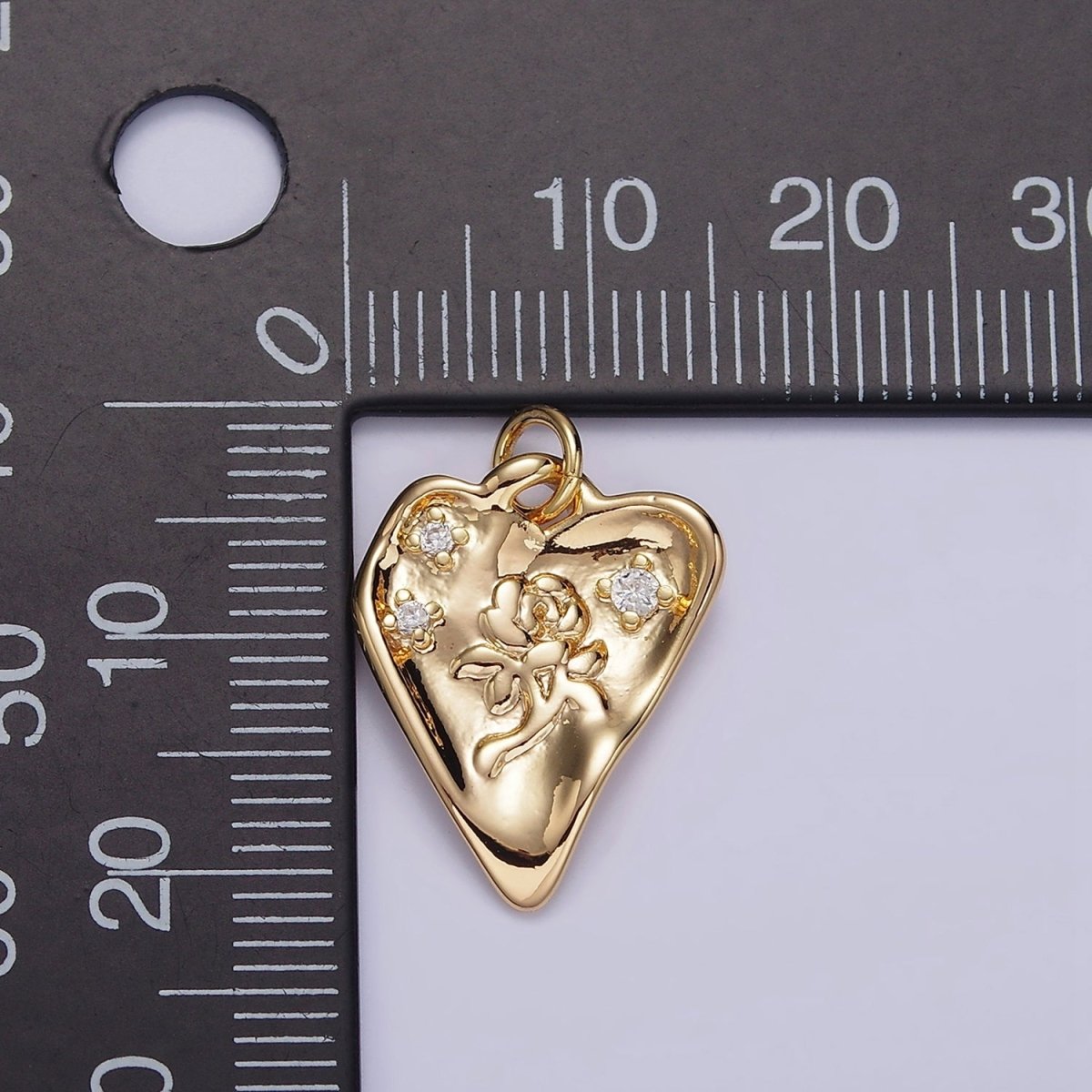 16K Gold plated Rose Flower Triple CZ Hammered Heart Charm | N1008 - DLUXCA