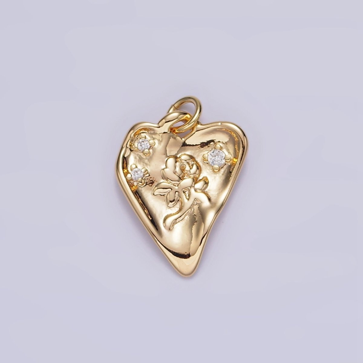 16K Gold plated Rose Flower Triple CZ Hammered Heart Charm | N1008 - DLUXCA