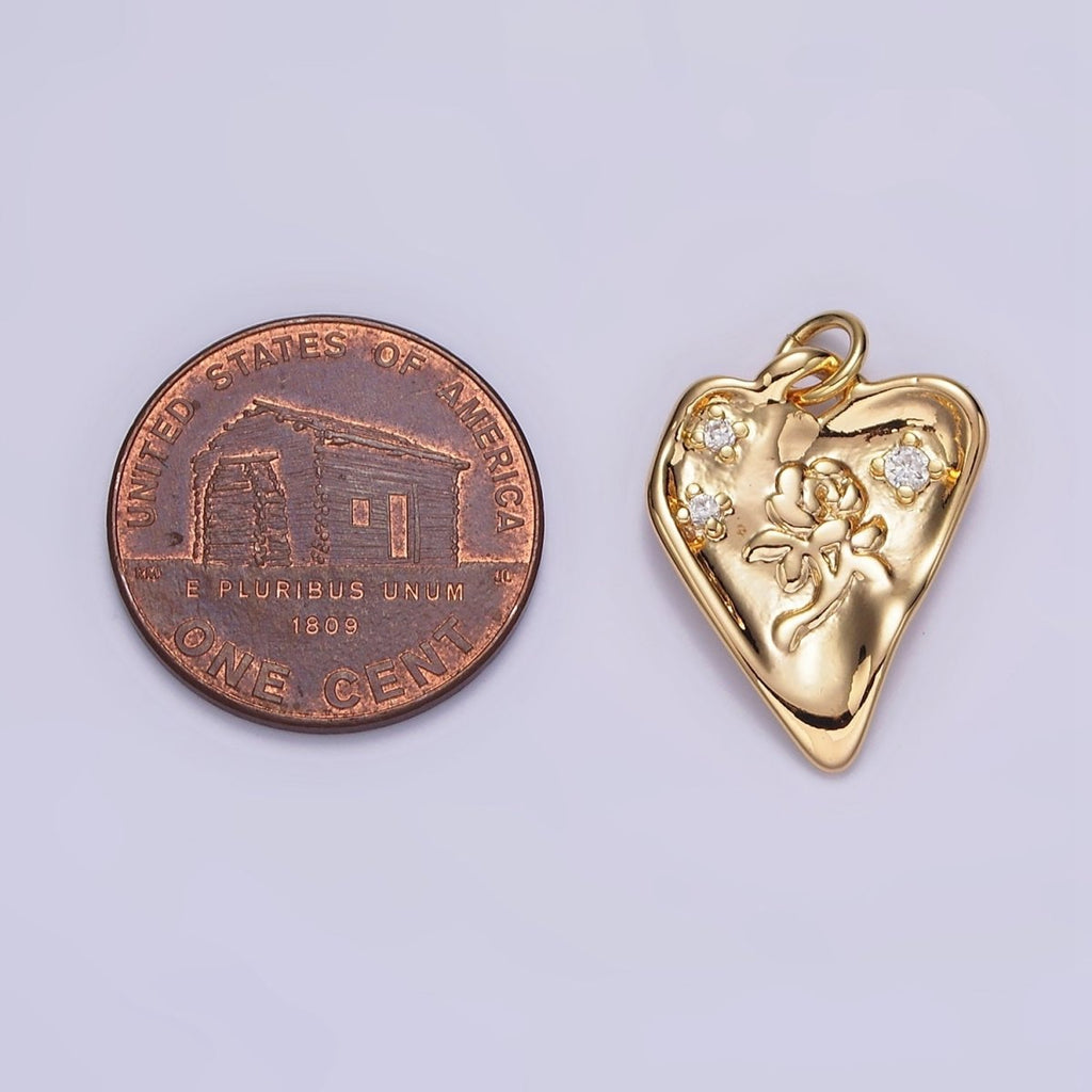 16K Gold plated Rose Flower Triple CZ Hammered Heart Charm | N1008 - DLUXCA