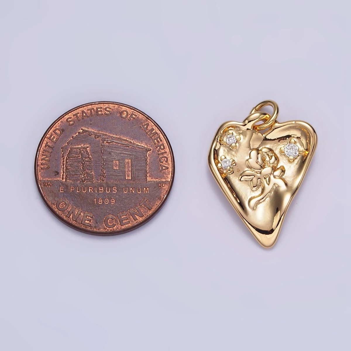 16K Gold plated Rose Flower Triple CZ Hammered Heart Charm | N1008 - DLUXCA