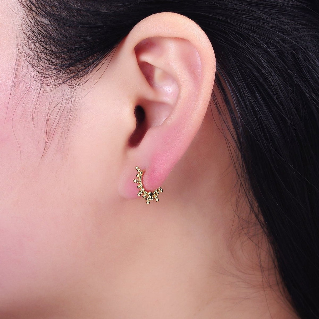 16K Gold plated Round Beaded Ball Lined 12mm Cartilage Huggie Earrings | AD1545 - DLUXCA