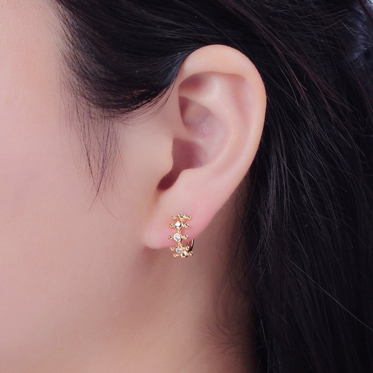 16K Gold plated Round Bezel Cut Huggie Earring T-438 - DLUXCA