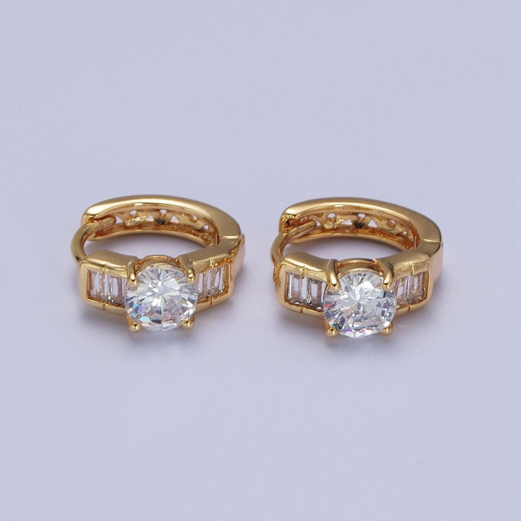 16K Gold plated Round Cubic Zirconia Baguette Lined Wide Huggie Hoop Earrings | X-842 - DLUXCA