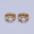 16K Gold plated Round Cubic Zirconia Baguette Lined Wide Huggie Hoop Earrings | X-842 - DLUXCA