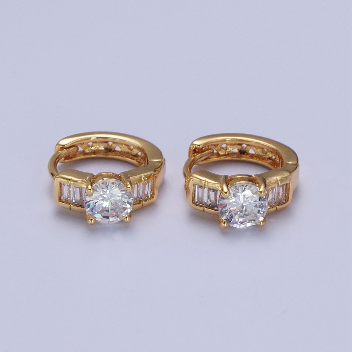 16K Gold plated Round Cubic Zirconia Baguette Lined Wide Huggie Hoop Earrings | X-842 - DLUXCA