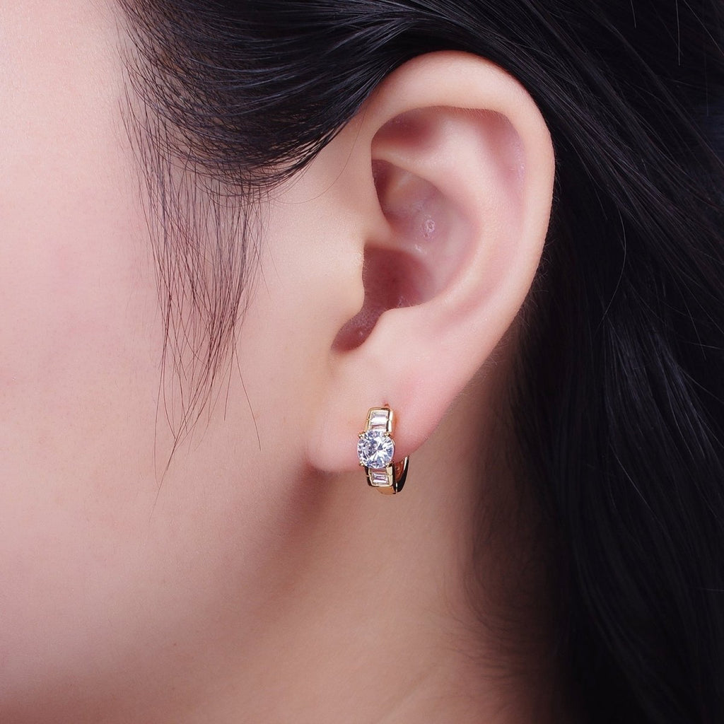 16K Gold plated Round Cubic Zirconia Baguette Lined Wide Huggie Hoop Earrings | X-842 - DLUXCA