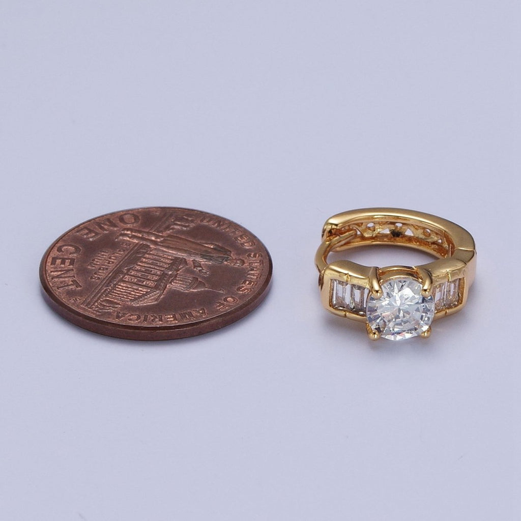 16K Gold plated Round Cubic Zirconia Baguette Lined Wide Huggie Hoop Earrings | X-842 - DLUXCA