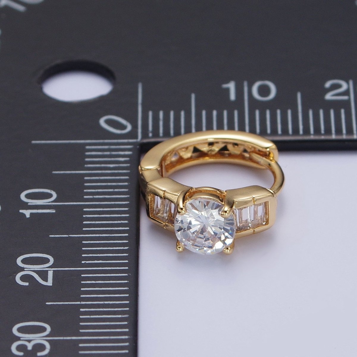 16K Gold plated Round Cubic Zirconia Baguette Lined Wide Huggie Hoop Earrings | X-842 - DLUXCA