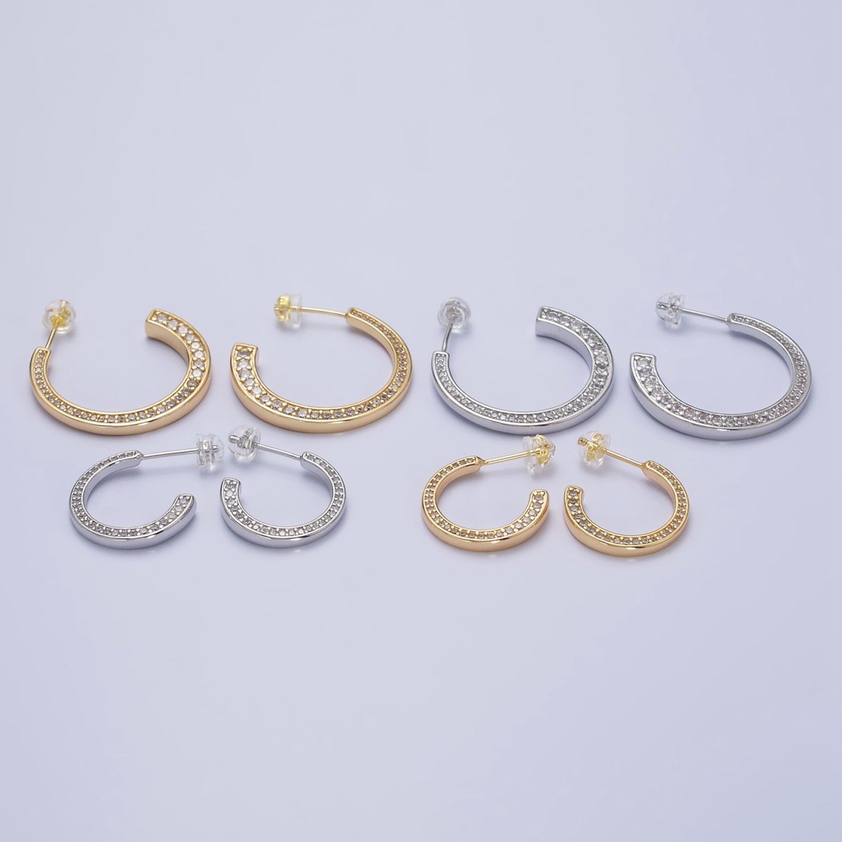 16K Gold plated Round CZ Lined 20mm, 30mm C-Shaped Hoop Earrings in Gold & Silver | AB518 AB519 AB528 AB529