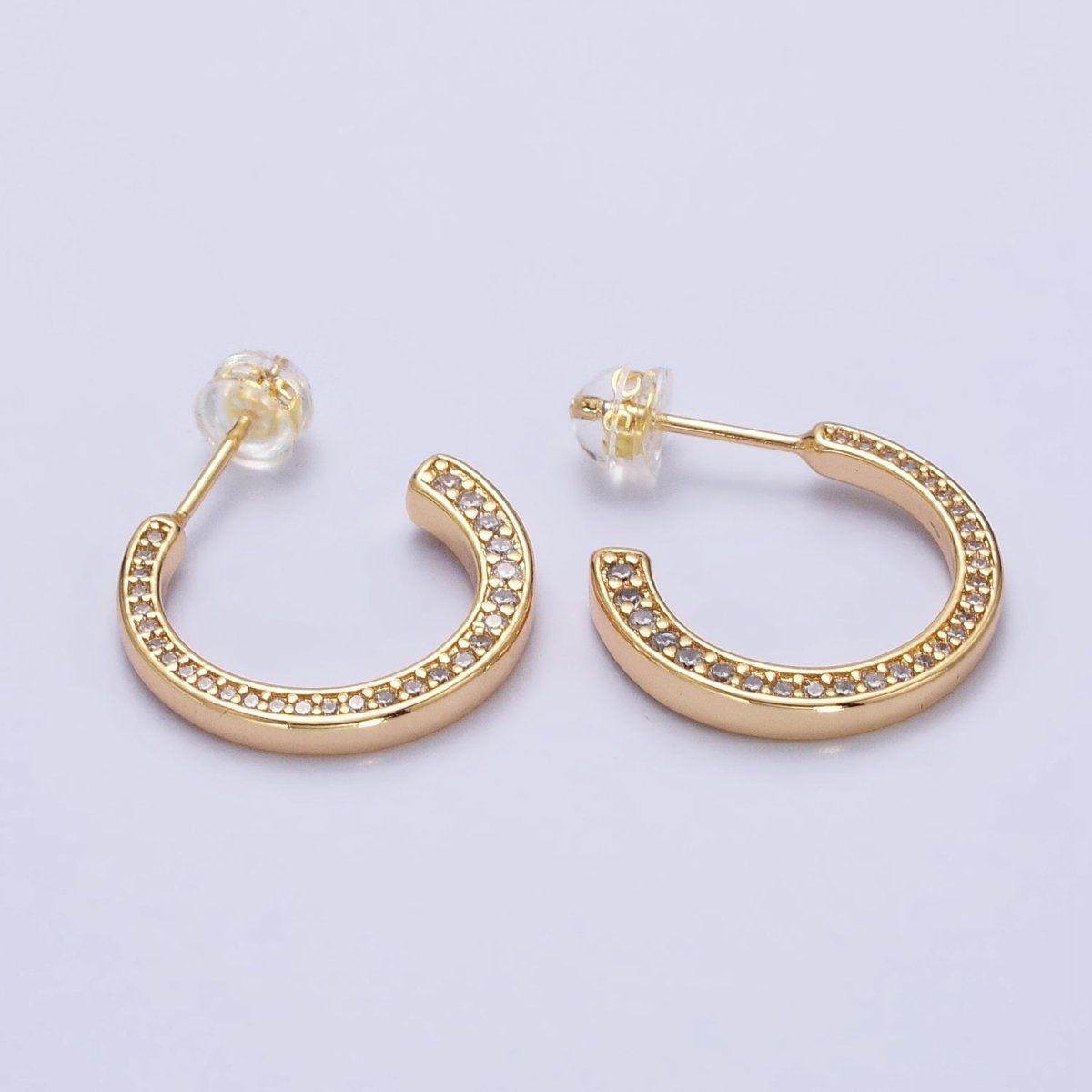 16K Gold plated Round CZ Lined 20mm, 30mm C-Shaped Hoop Earrings in Gold & Silver | AB518 AB519 AB528 AB529