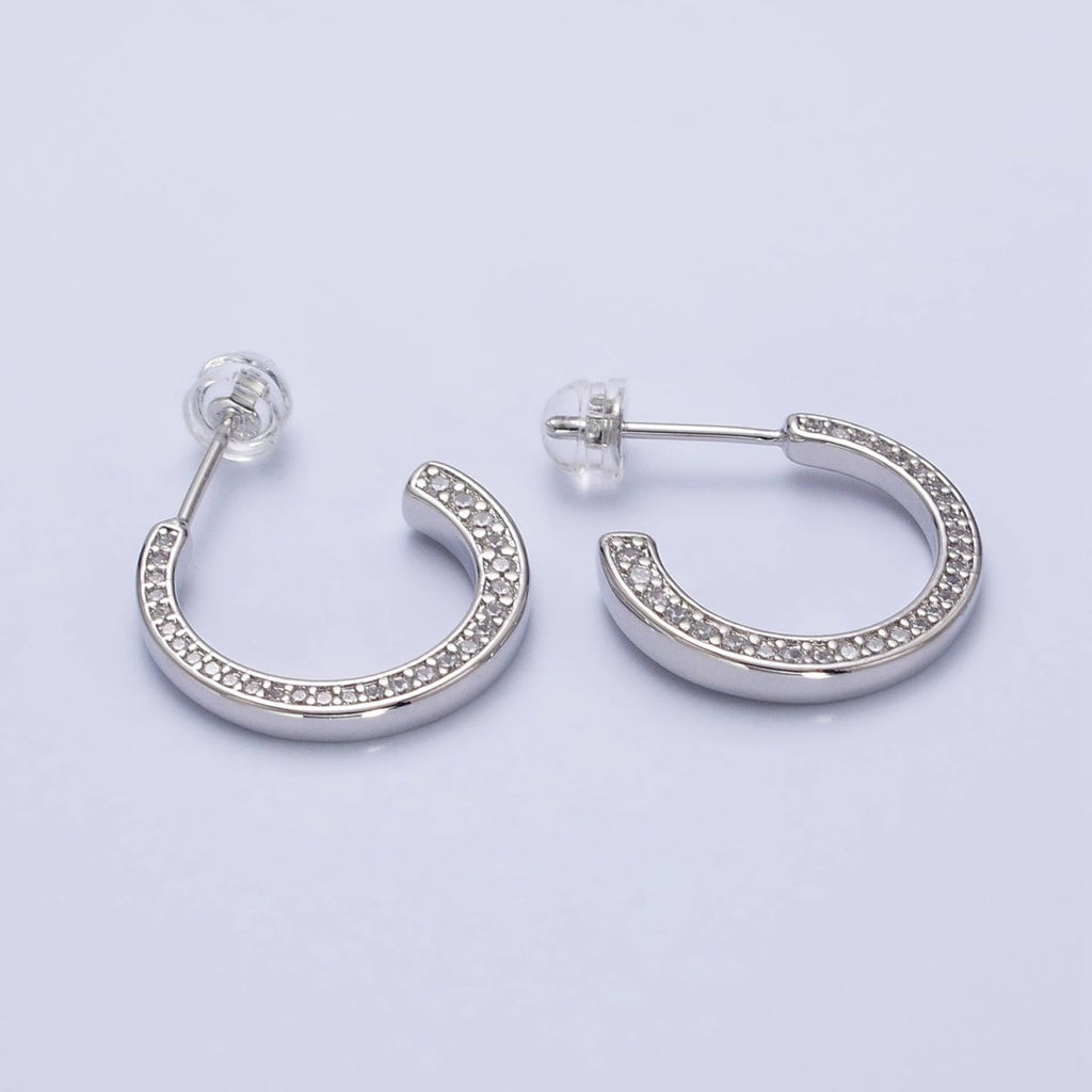 16K Gold plated Round CZ Lined 20mm, 30mm C-Shaped Hoop Earrings in Gold & Silver | AB518 AB519 AB528 AB529