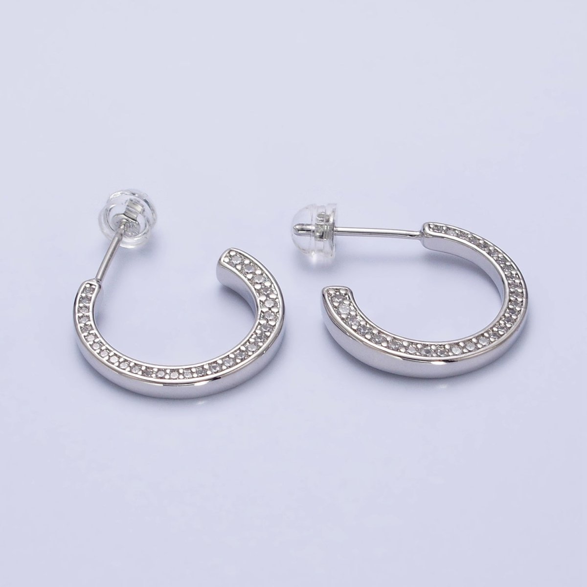 16K Gold plated Round CZ Lined 20mm, 30mm C-Shaped Hoop Earrings in Gold & Silver | AB518 AB519 AB528 AB529