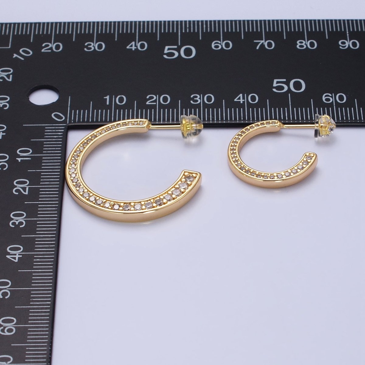 16K Gold plated Round CZ Lined 20mm, 30mm C-Shaped Hoop Earrings in Gold & Silver | AB518 AB519 AB528 AB529