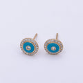 16K Gold plated Round Evil Eye Teal Enamel Micro Paved Stud Earrings | AD874 - DLUXCA