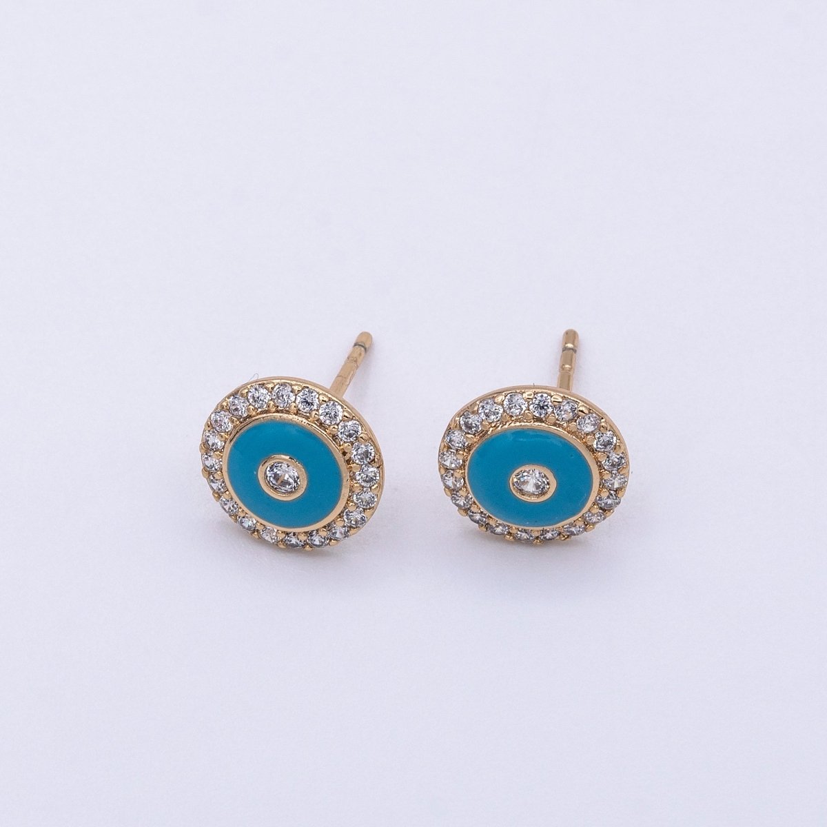 16K Gold plated Round Evil Eye Teal Enamel Micro Paved Stud Earrings | AD874 - DLUXCA