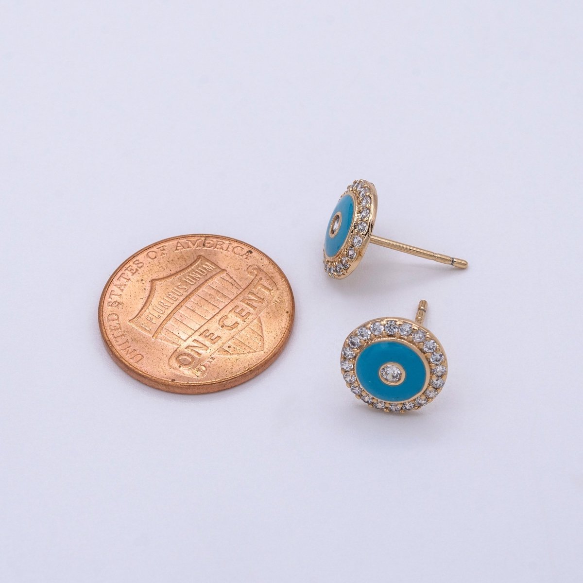 16K Gold plated Round Evil Eye Teal Enamel Micro Paved Stud Earrings | AD874 - DLUXCA