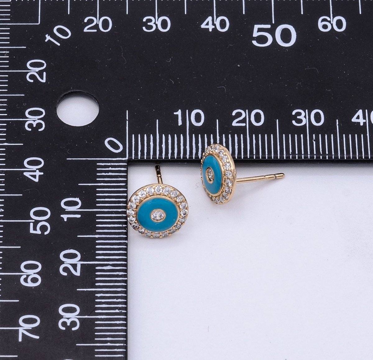 16K Gold plated Round Evil Eye Teal Enamel Micro Paved Stud Earrings | AD874 - DLUXCA