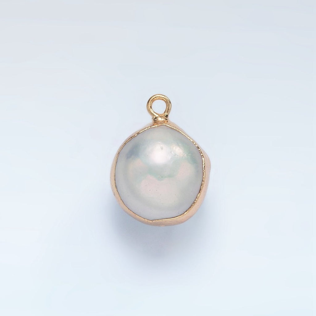 16K Gold plated Round Freshwater Pearl Foil Bezel Charm | P1757 - DLUXCA