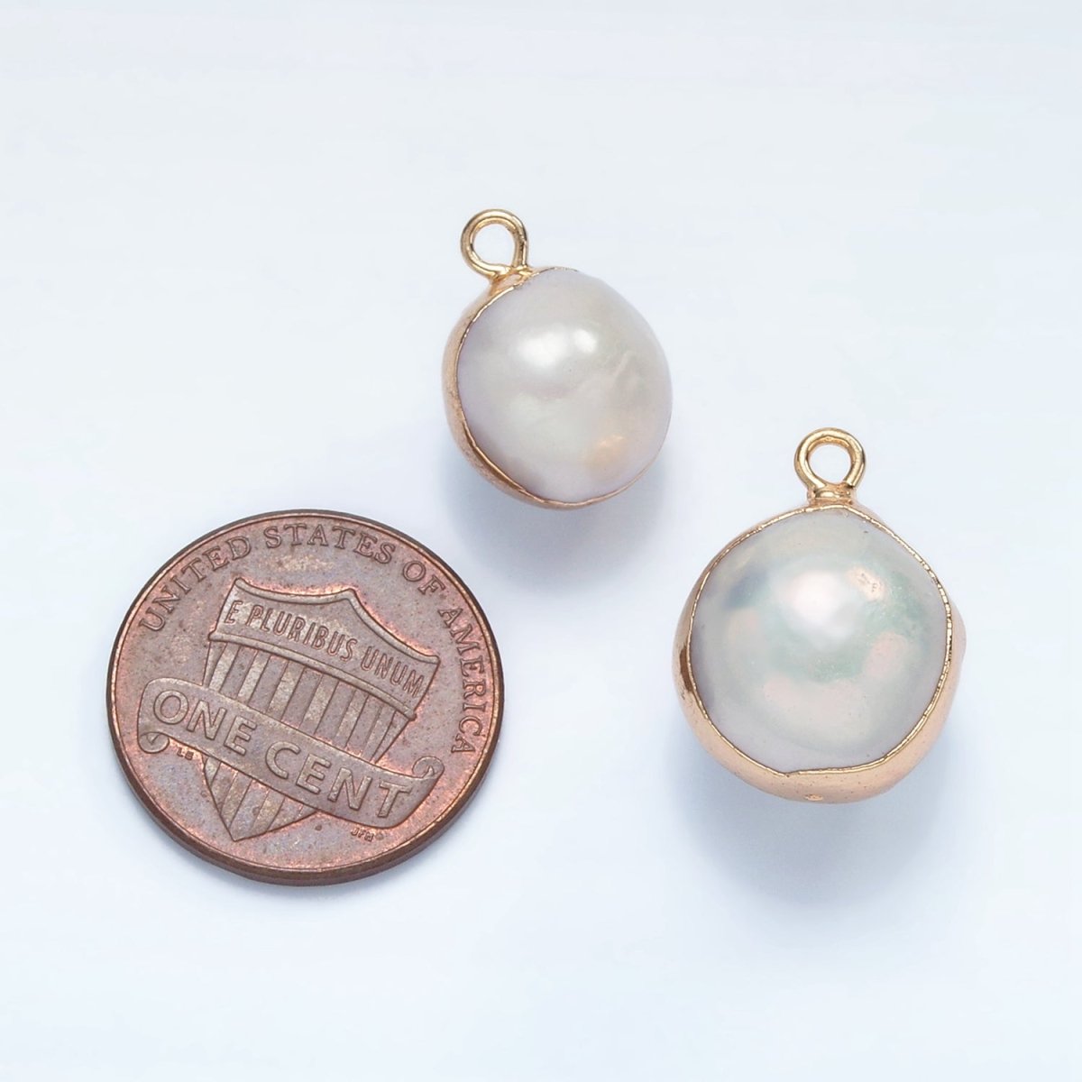16K Gold plated Round Freshwater Pearl Foil Bezel Charm | P1757 - DLUXCA