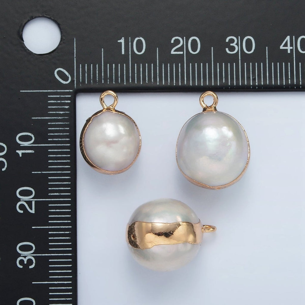 16K Gold plated Round Freshwater Pearl Foil Bezel Charm | P1757 - DLUXCA