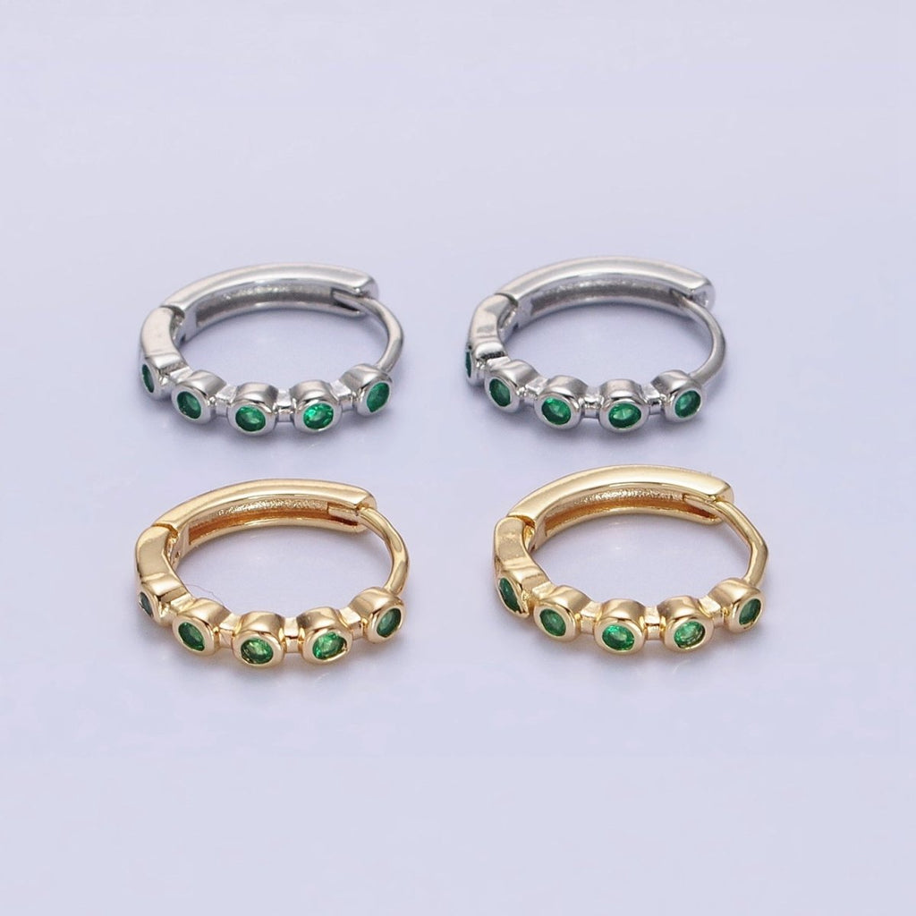 16K Gold plated Round Green CZ Lined 12.5mm Huggie Earrings in Gold & Silver | AB1445 AB1446 - DLUXCA