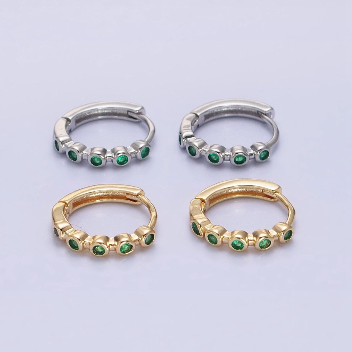 16K Gold plated Round Green CZ Lined 12.5mm Huggie Earrings in Gold & Silver | AB1445 AB1446 - DLUXCA
