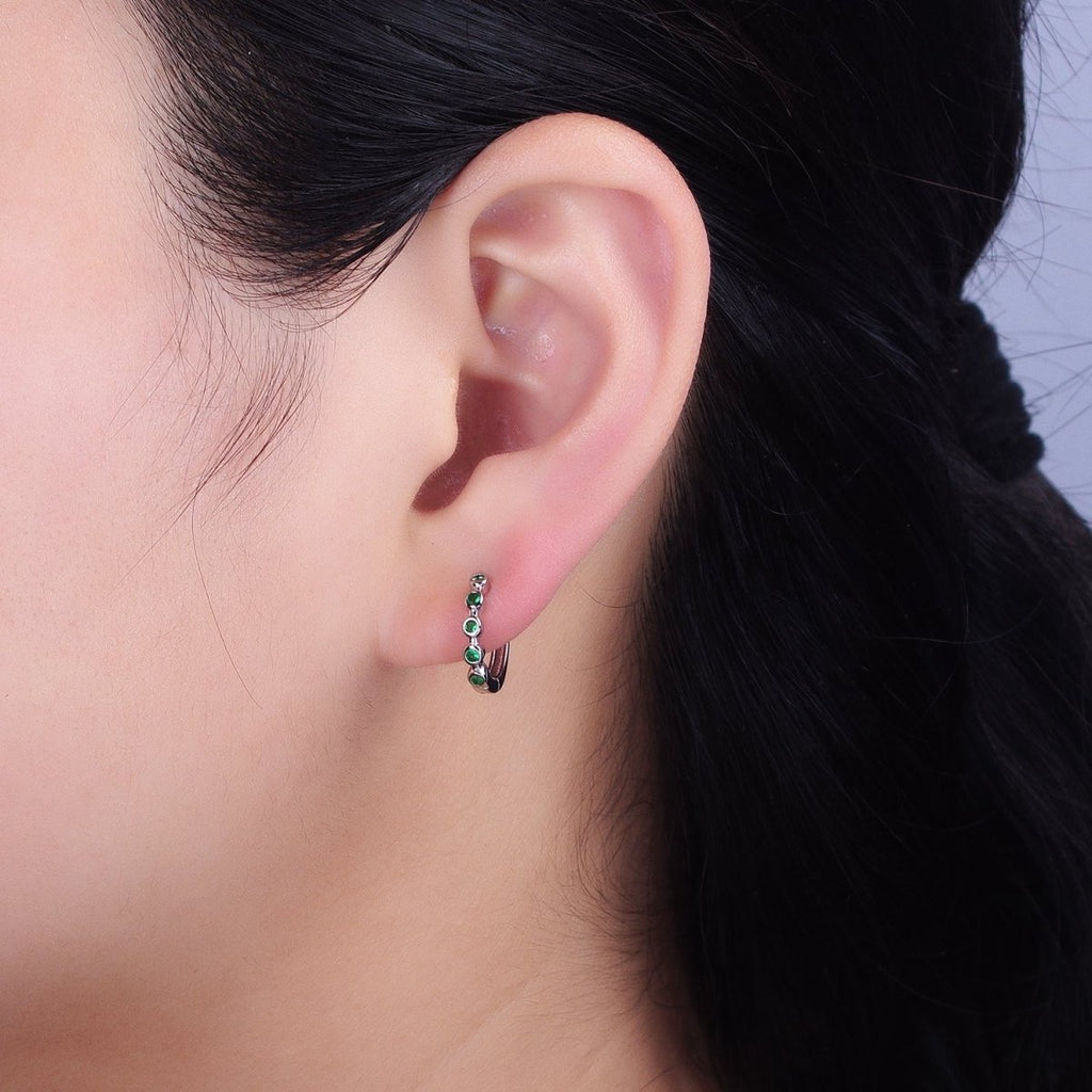16K Gold plated Round Green CZ Lined 12.5mm Huggie Earrings in Gold & Silver | AB1445 AB1446 - DLUXCA