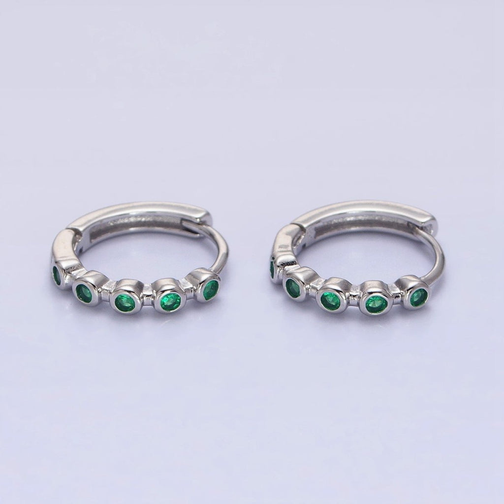 16K Gold plated Round Green CZ Lined 12.5mm Huggie Earrings in Gold & Silver | AB1445 AB1446 - DLUXCA