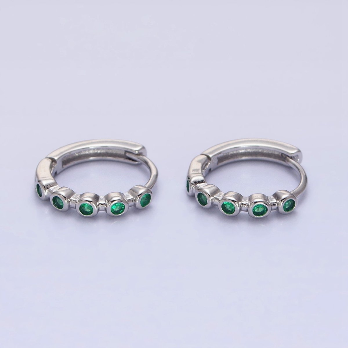 16K Gold plated Round Green CZ Lined 12.5mm Huggie Earrings in Gold & Silver | AB1445 AB1446 - DLUXCA