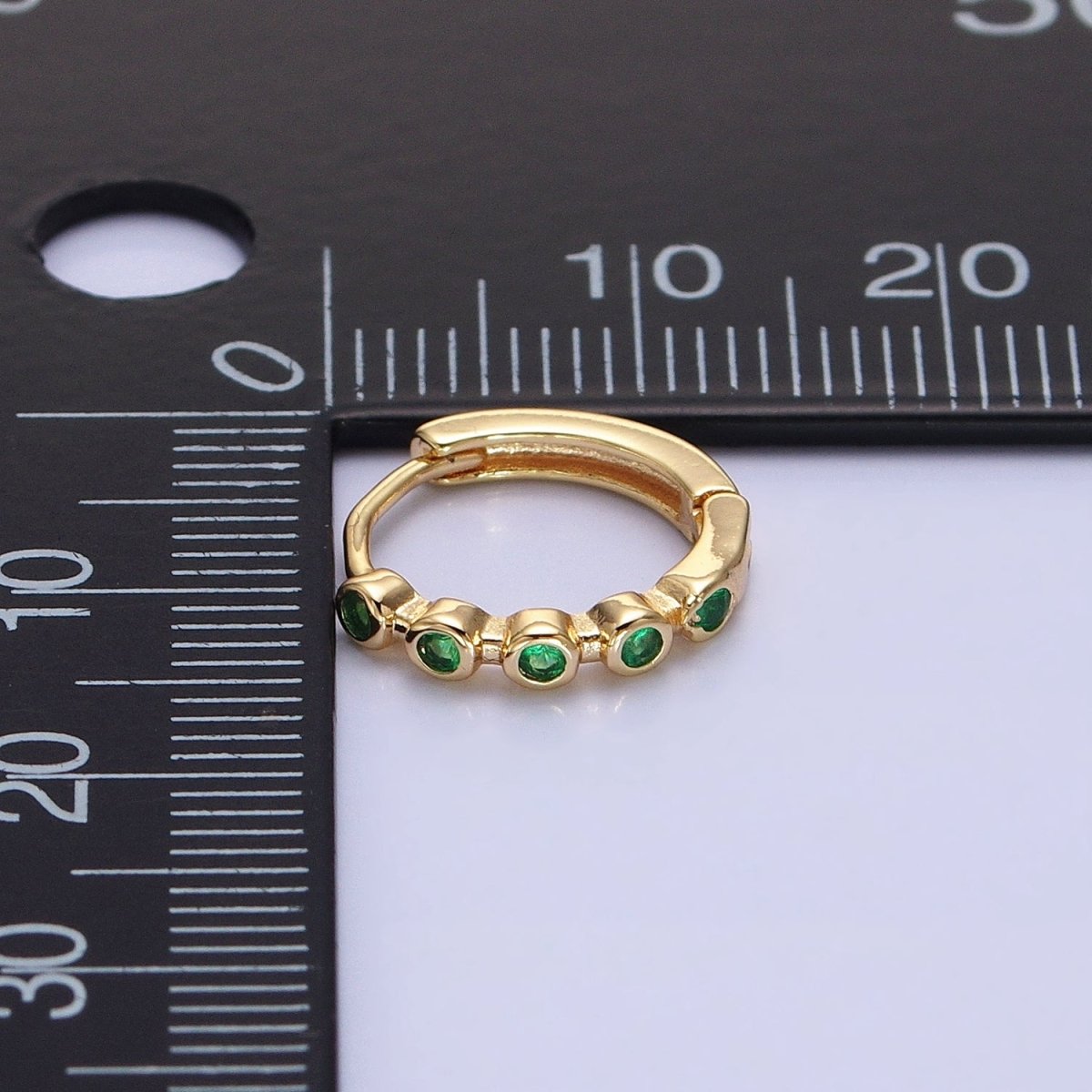 16K Gold plated Round Green CZ Lined 12.5mm Huggie Earrings in Gold & Silver | AB1445 AB1446 - DLUXCA