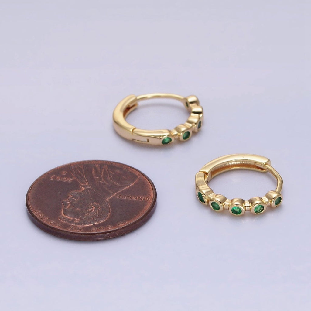 16K Gold plated Round Green CZ Lined 12.5mm Huggie Earrings in Gold & Silver | AB1445 AB1446 - DLUXCA