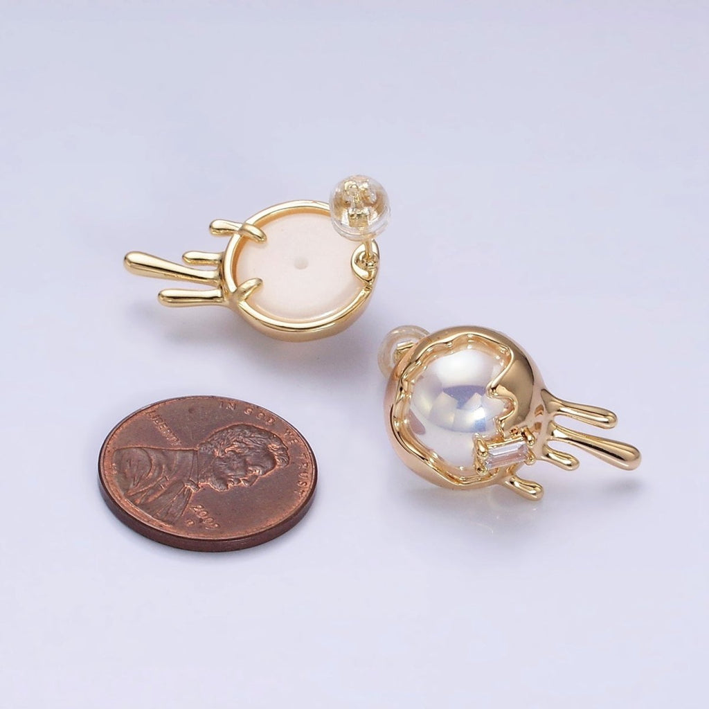 16K Gold plated Round Iridescent Pearl Molten Drip Stud Earrings in Gold & Silver | AD980 AD981