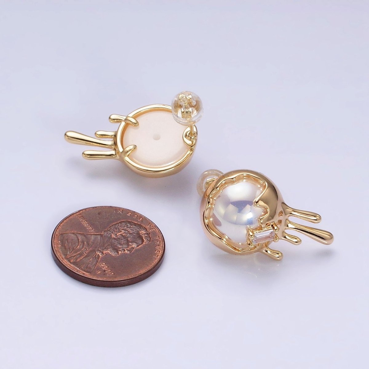 16K Gold plated Round Iridescent Pearl Molten Drip Stud Earrings in Gold & Silver | AD980 AD981