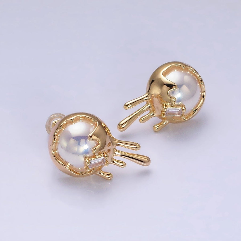 16K Gold plated Round Iridescent Pearl Molten Drip Stud Earrings in Gold & Silver | AD980 AD981