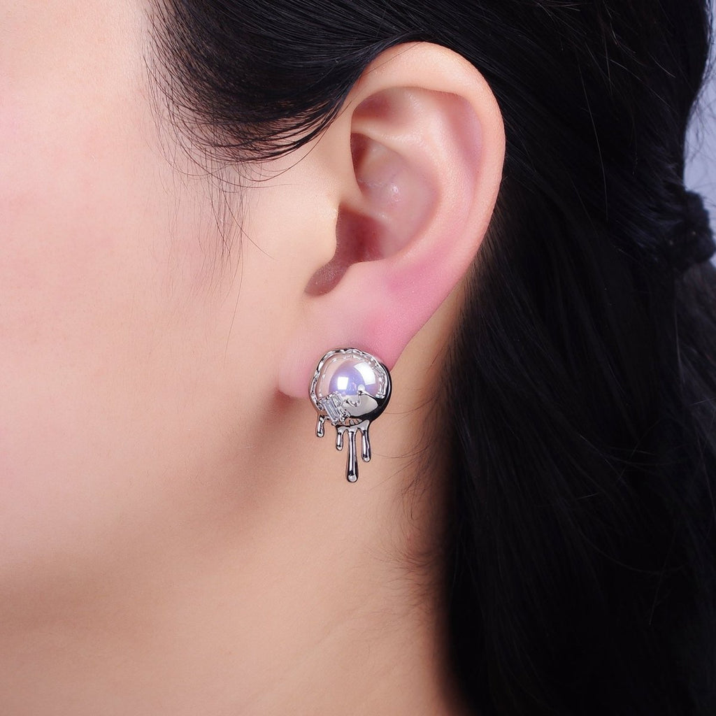 16K Gold plated Round Iridescent Pearl Molten Drip Stud Earrings in Gold & Silver | AD980 AD981