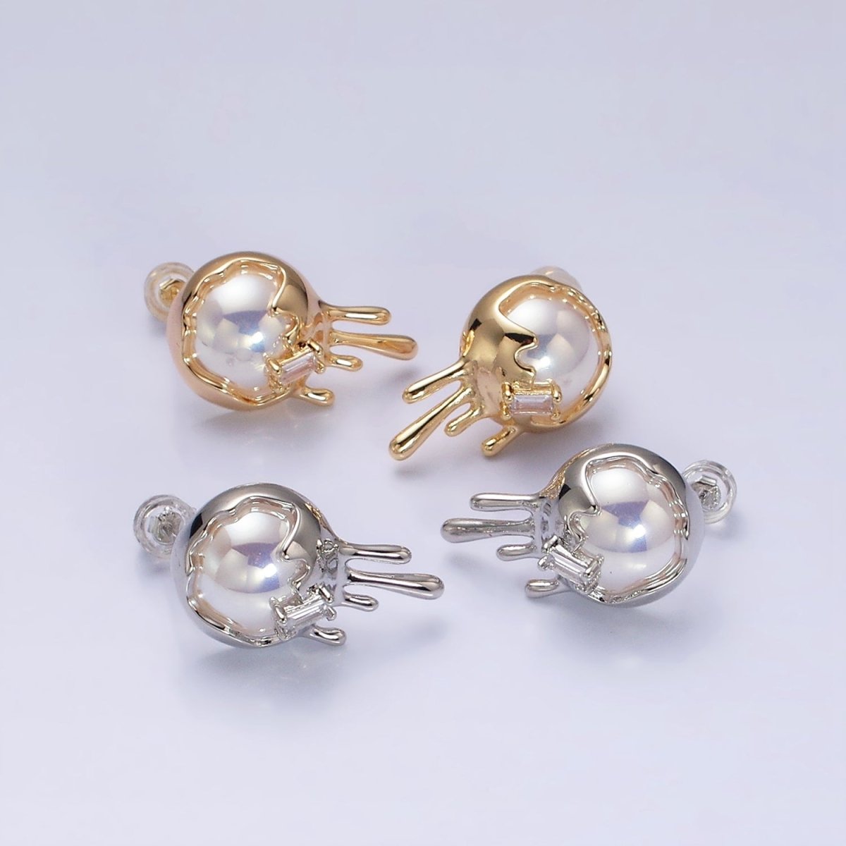 16K Gold plated Round Iridescent Pearl Molten Drip Stud Earrings in Gold & Silver | AD980 AD981