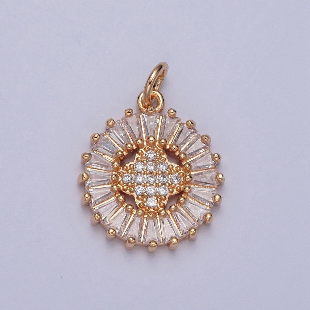 16K Gold plated Round Quatrefoil Baguette Micro Paved Cubic Zirconia Charm For DIY Jewelry Making | X-236 - DLUXCA