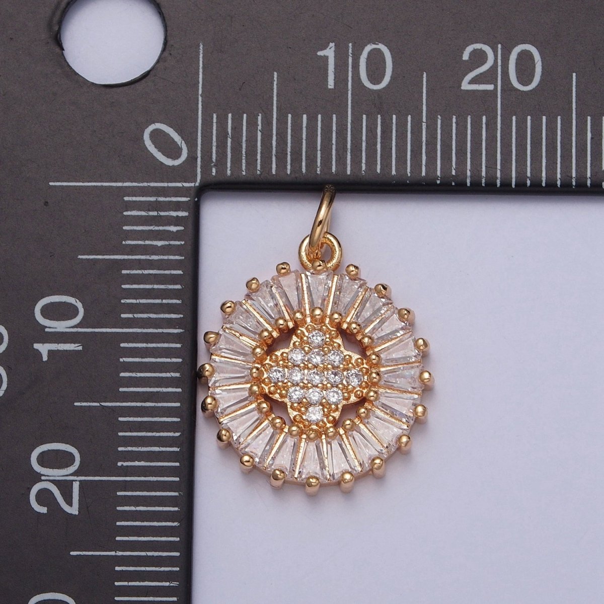 16K Gold plated Round Quatrefoil Baguette Micro Paved Cubic Zirconia Charm For DIY Jewelry Making | X-236 - DLUXCA