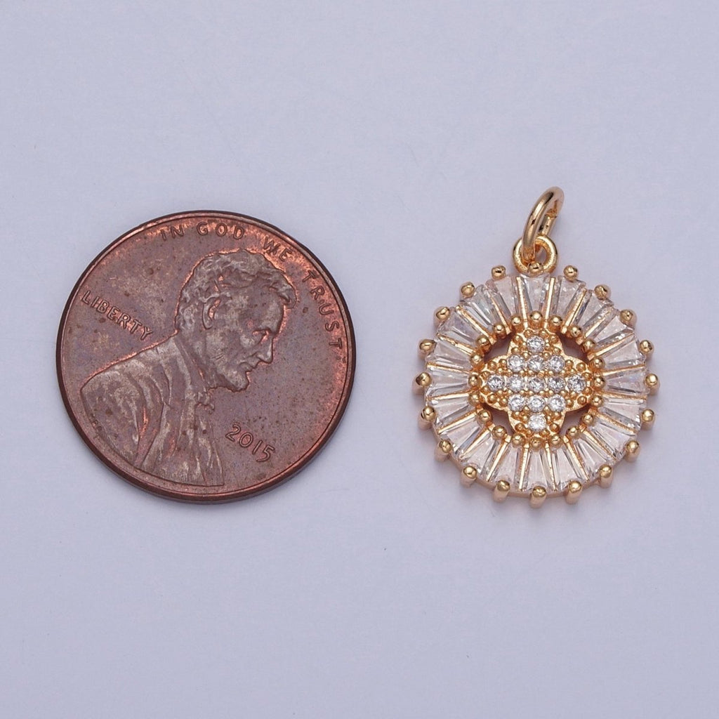 16K Gold plated Round Quatrefoil Baguette Micro Paved Cubic Zirconia Charm For DIY Jewelry Making | X-236 - DLUXCA