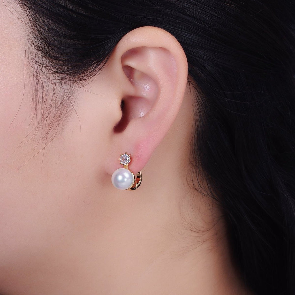 16K Gold plated Round White, Black Pearl Clear CZ English Lock Earrings in Gold & Silver | AD1271 AD1272