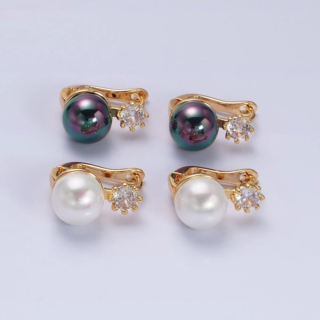 16K Gold plated Round White, Black Pearl Clear CZ English Lock Earrings in Gold & Silver | AD1271 AD1272